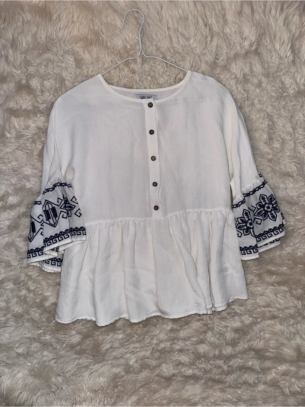White Flared Blouse with Navy Embroidered Sleeves